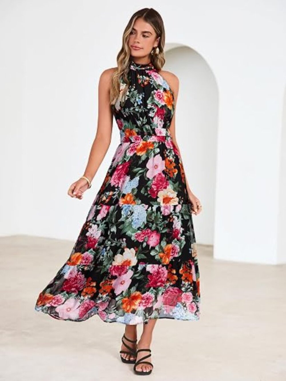 Womens Summer Halter Wedding Guest Dress Maxi Floral Vacation Boho Sundresses Fl